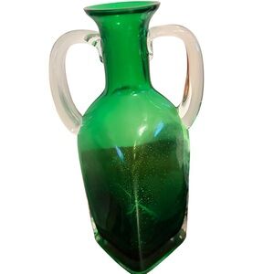 Vintage Emerald Green Handblown Art Glass Amphora Vase - Clear Handles - 9.5”